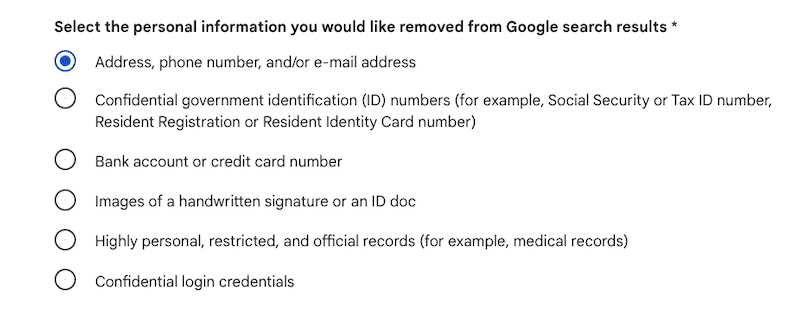 Options to remove personal information from google.